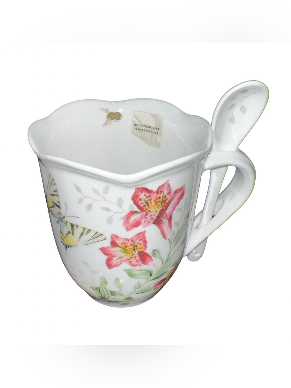 Lenox Butterfly Meadow Coffee Tea Mug with Spoon 4.25" High Scalloped Edges